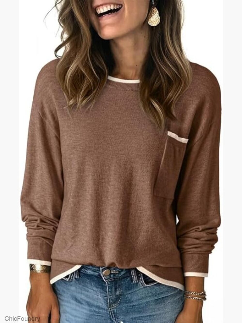Casual Crewneck Pullover Sweater with Chest Pocket, Long Sleeve, Loose Fit